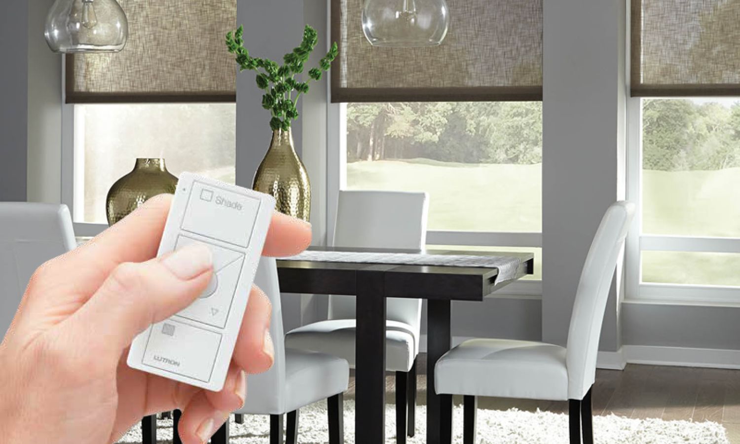 person holding a lutron remote and controlling their shades