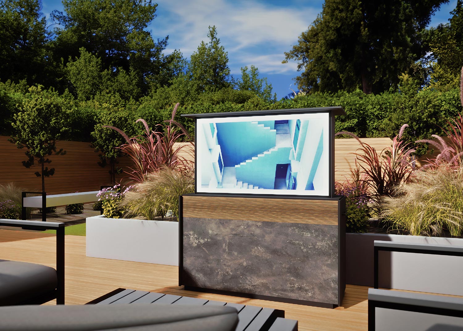 Outdoor TV rising from cabinet in landscaped patio