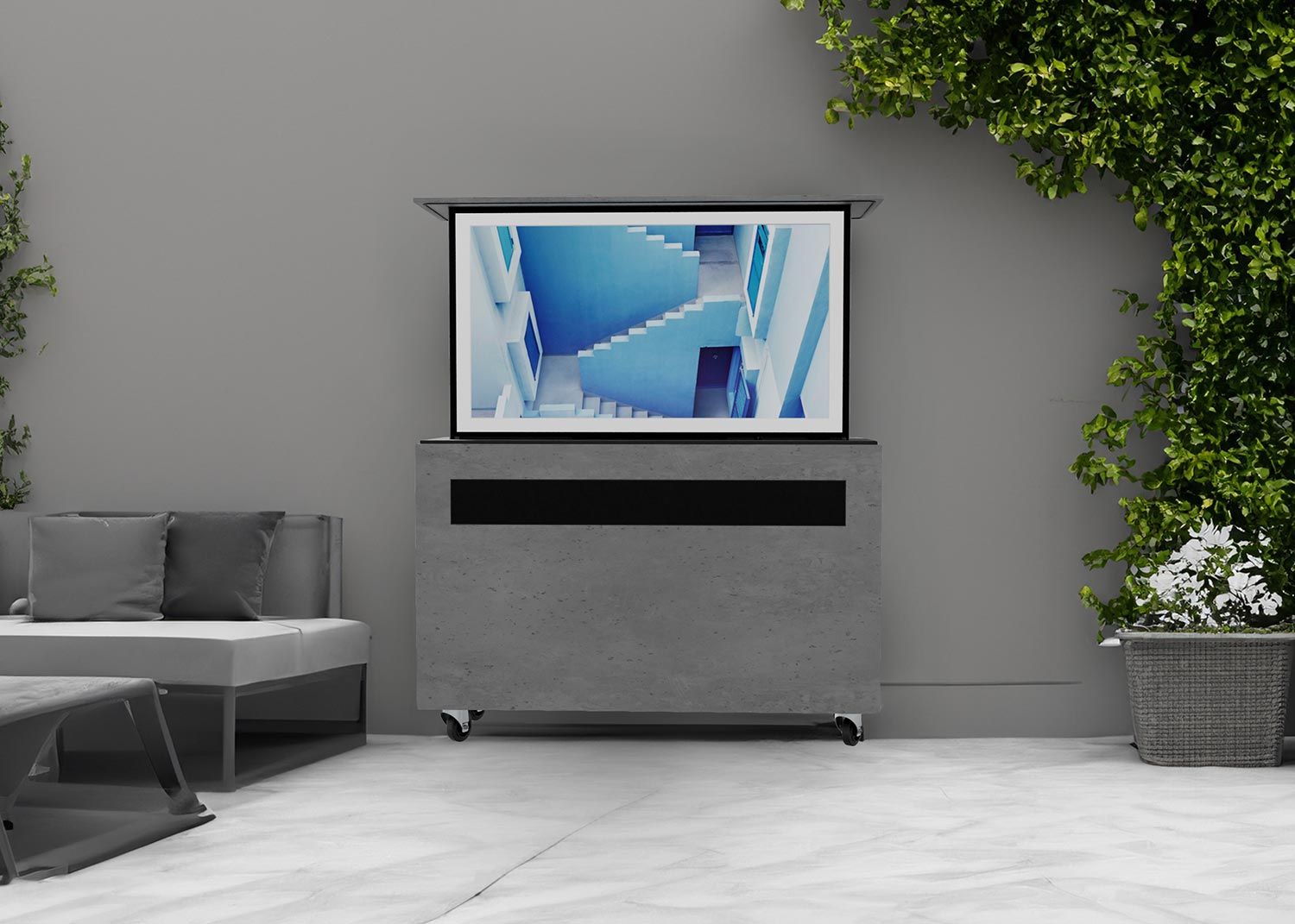 Concrete outdoor TV unit with seating and plants