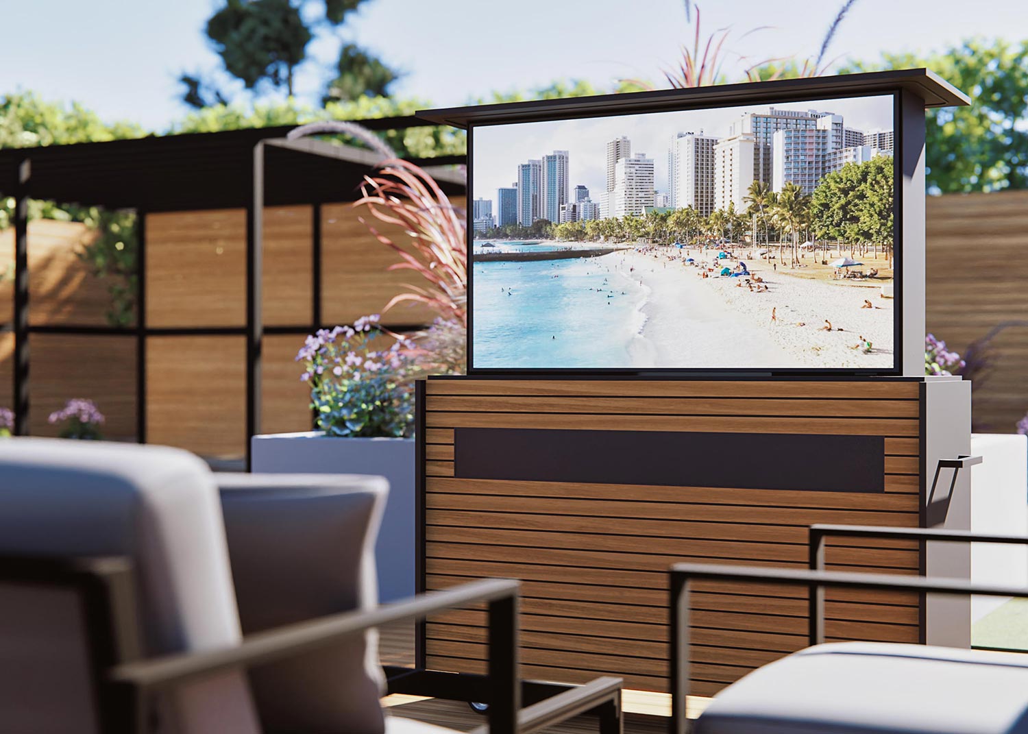 Outdoor TV cabinet with wood panels in garden setting