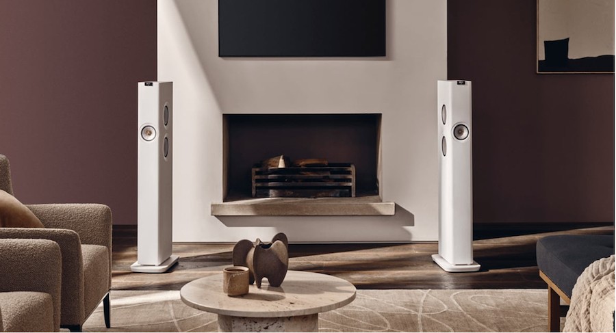 A pair of KEF Reference Series hi-fi speakers flank a console in a Park City home. 