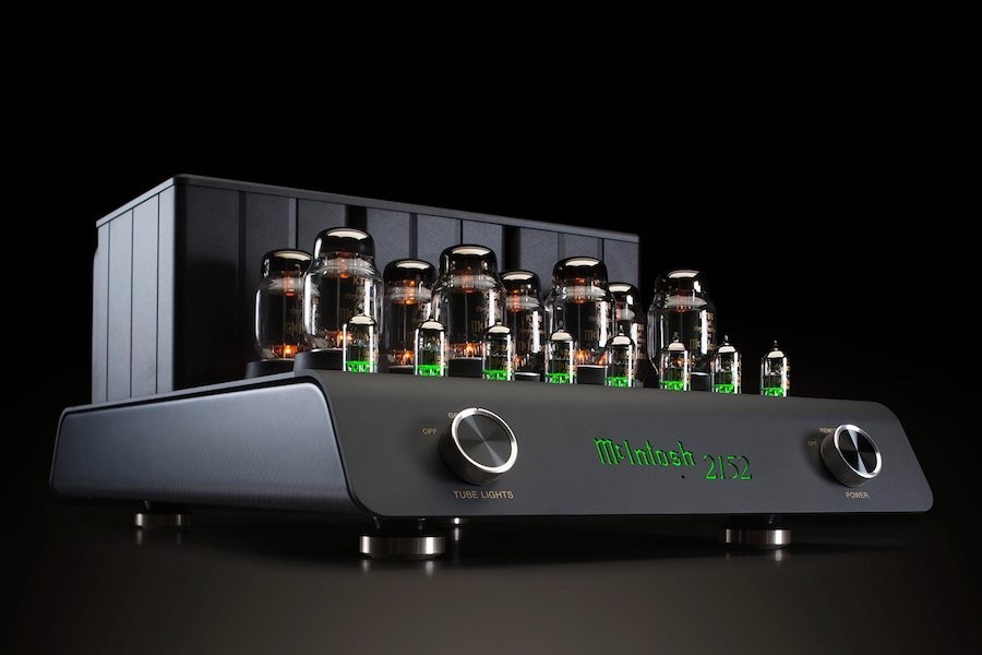 A McIntosh tube stereo amplifier is pictured against a dark background.