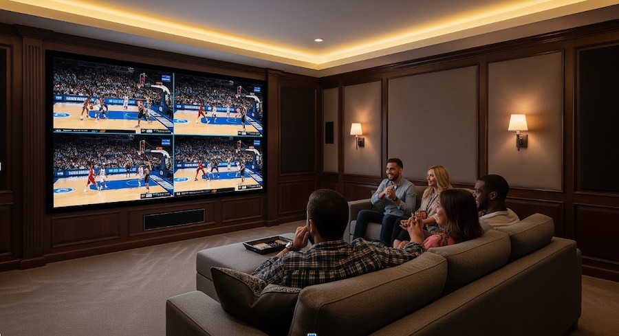 A modern media room with a large screen showing four basketball games simultaneously.