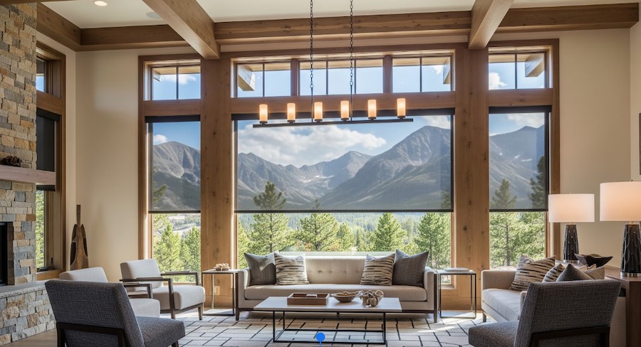 Automated Lutron shading and lighting system in a modern mountain home with large windows.